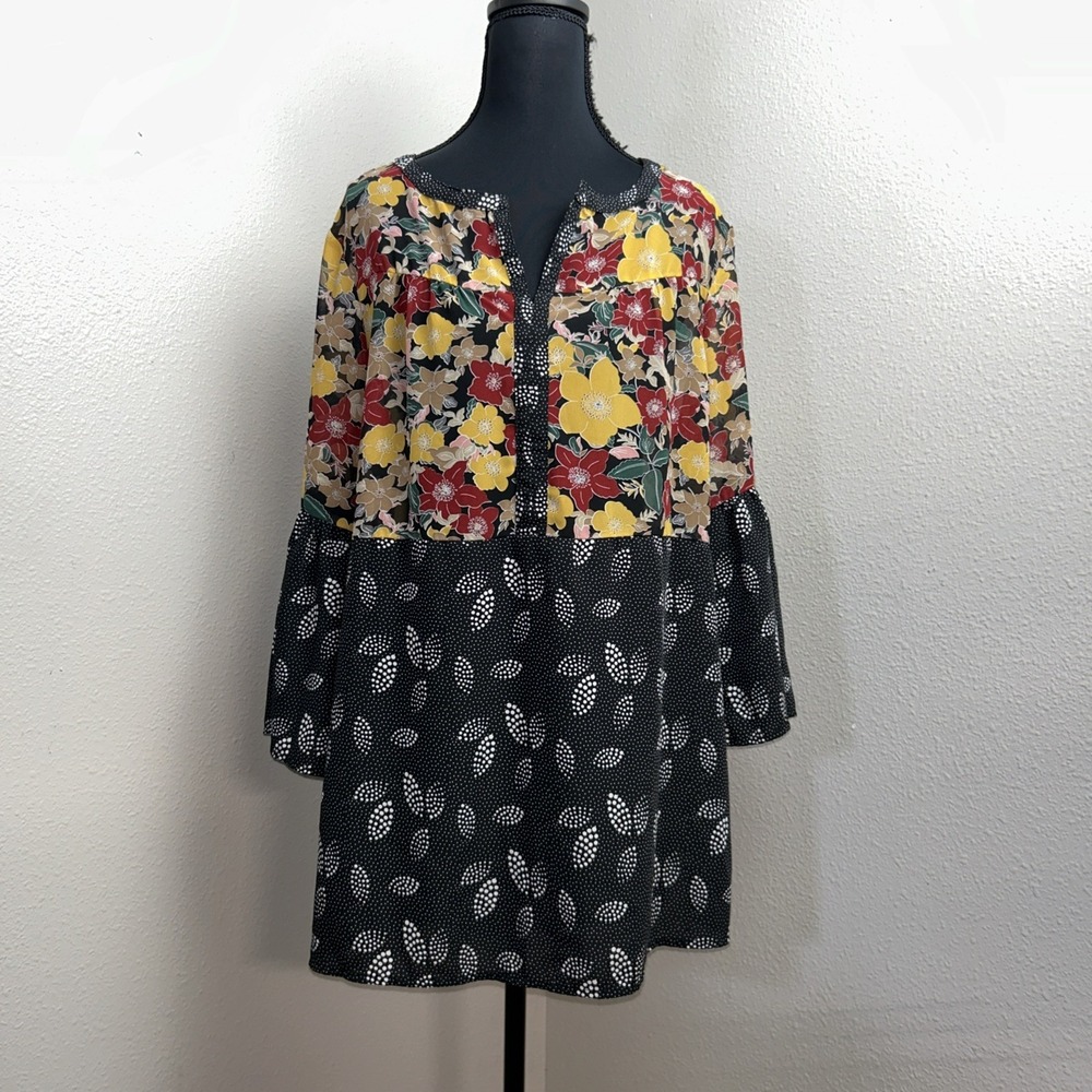 Suzanne Betro Tunic Women's XL Multicolor Floral V-Neck Babydoll Cottagecore